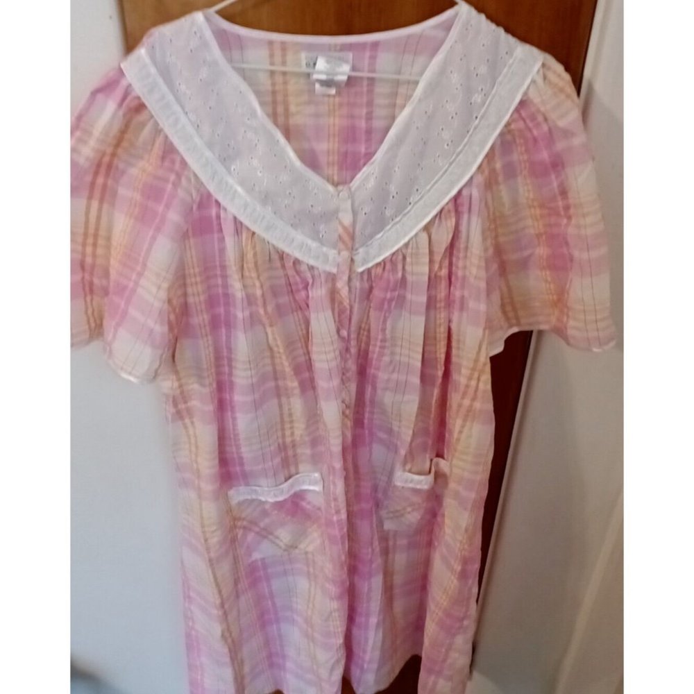 Celestial Dreams Housecoat Duster Snap Front Pink Plaid Large Short Sleeve